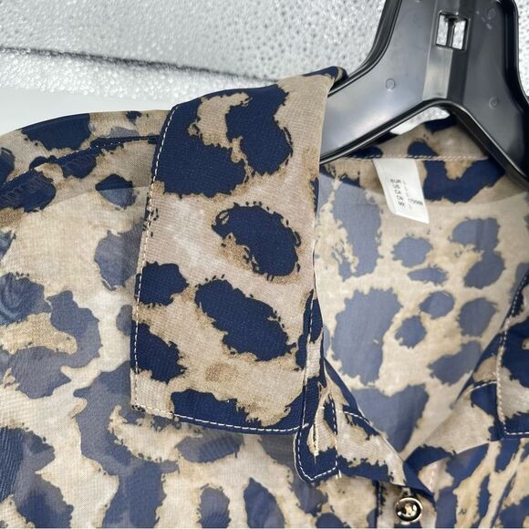 Leopard Print Sheer Button Front Blouse Tan Gold Navy Women’s Large Unbranded - Picture 9 of 12